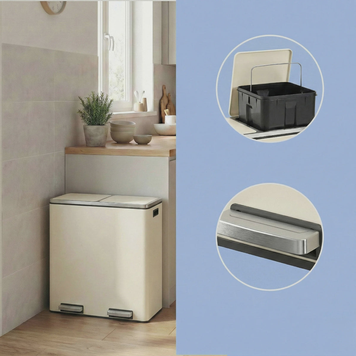 Songmics Dubbele Pedaalemmer 2x30L - Metalen Afvalbak met 2 Compartimenten