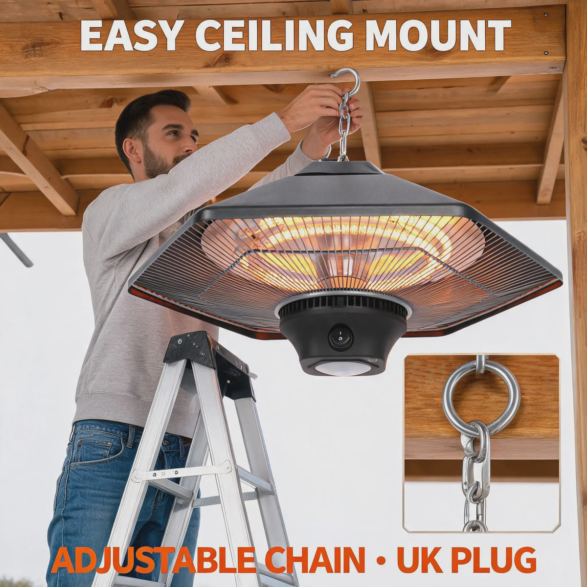 2000W Plafond Terrasverwarmer met LED Licht - Infrarood Verwarming, Afstandsbediening & 3 standen