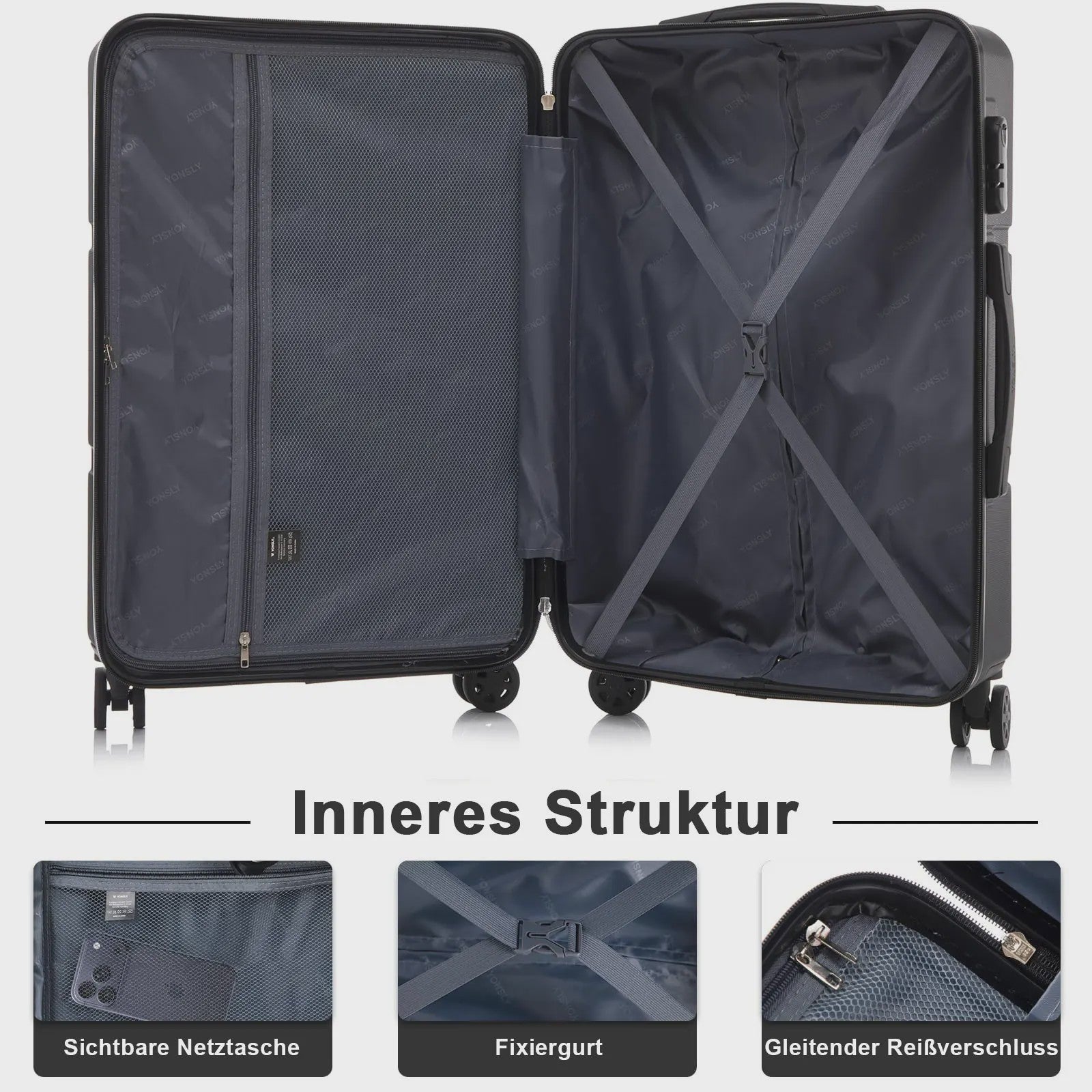 YONSLY Hardcase Koffer 16/20/24/28 Inch - Lichtgewicht 4-Wiel Trolley met Cijferslot
