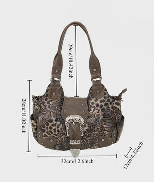 Y2K Leopard Print Patchwork Tote Bag met Ritsen en Meerdere Vakken - Retro Crossbody Handtas