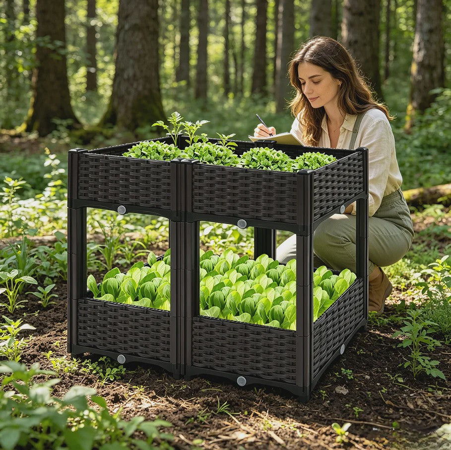 Verhoogde Plantenbak Dubbele Laag - 4 Vakken - 80x40x67cm - Buiten - Met Drainage