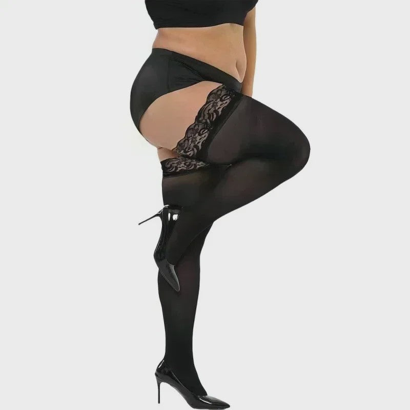 Ultra Dunne Kant Kousen tot Boven de Knie voor Plus Size Dames - Zwart & Wit