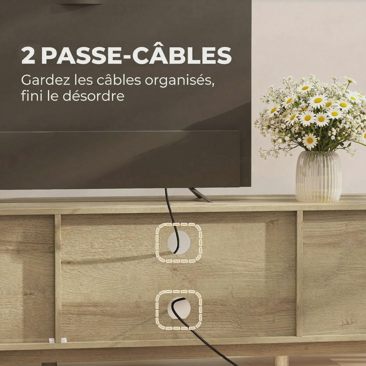 Stijlvol TV Meubel 135cm met Rotan Deuren & Open Vakken - Oak Look - Tot 65 Inch