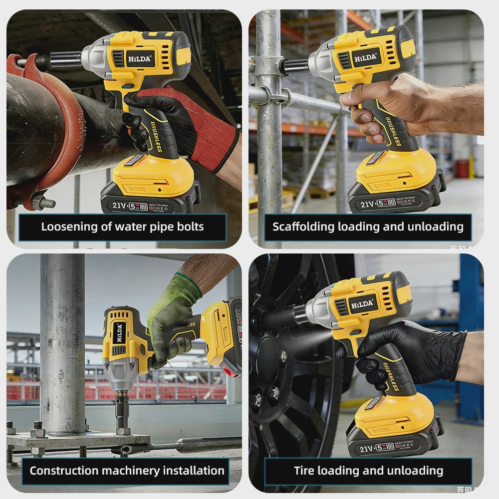 HILDA 1/2" Brushless Slagmoersleutel - 1200 Nm Krachtige Accu Klopmachine voor Banden en Steigerbouw (Compatibel met Makita)