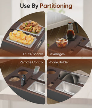 Bamboo Couch Tray, Couch Bar Snack Box Wine Glass Holder,Couch Butler with Stainless Steel Snack Trays,Tv Tray Table