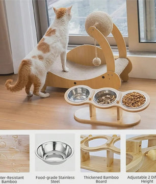 Verhoogde Bamboe Voerbak voor Hond en Kat - 3 Bakken, Ergonomisch Ontwerp