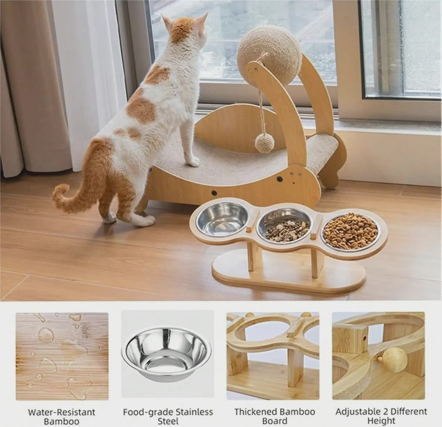 Verhoogde Bamboe Voerbak voor Hond en Kat - 3 Bakken, Ergonomisch Ontwerp