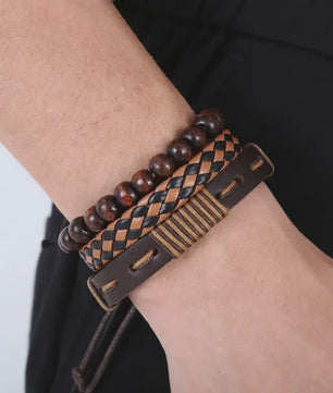 Set van 12 Vintage Armbanden: Gevlochten Kunstleer met Tijgeroog & Maansteen Kralen