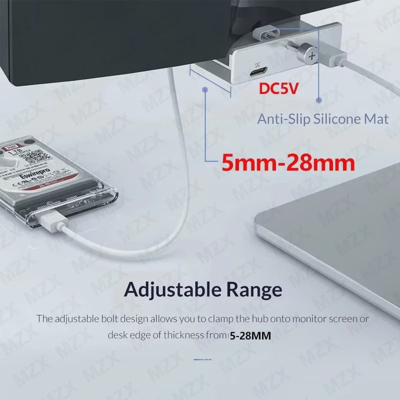 Aluminium USB 3.0/3.2 Hub met Clip: 5Gbps/10Gbps Docking Station voor Monitor & Bureau