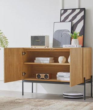 Stijlvol Houten Dressoir met 2 Deuren, 3 Lades en Metalen Poten - 140cm Breed