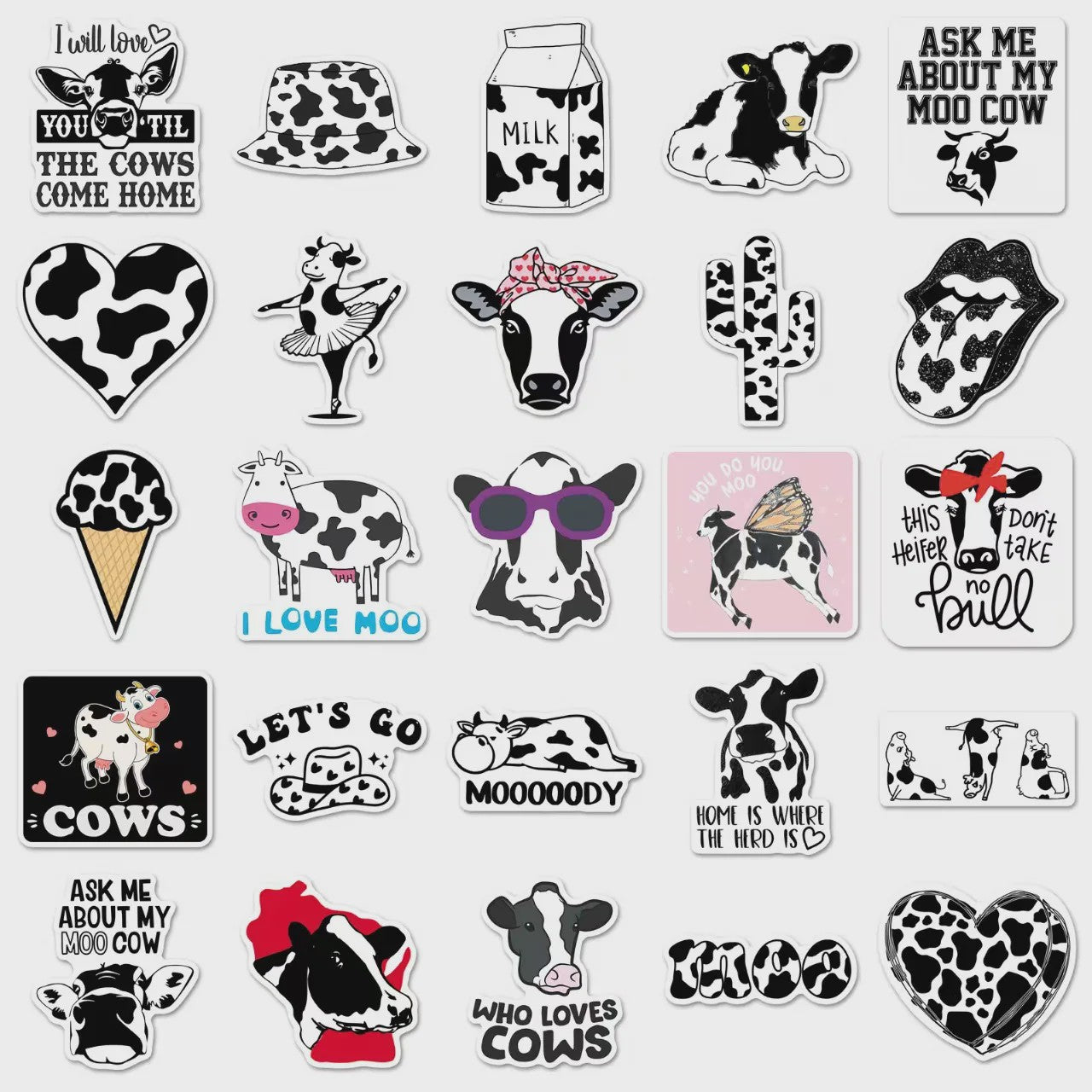 50x Trendy Cartoon Koe Stickers - Zwart-Wit Dierenprint Decals voor Telefoon, Tablet & Boxen