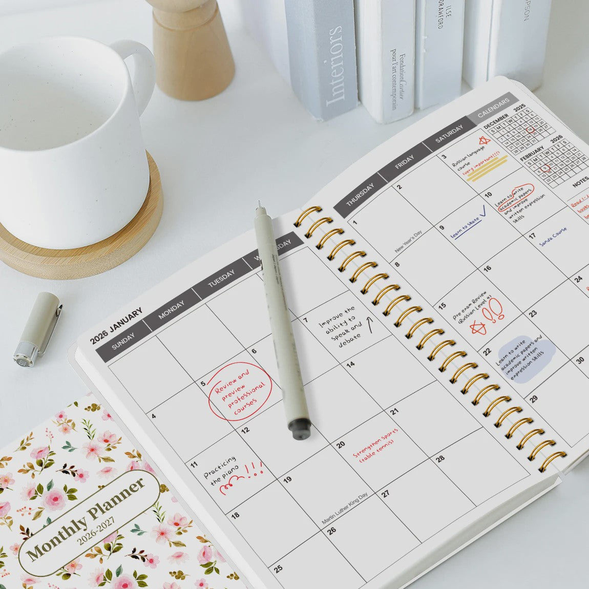 Bloemen A5 Planner 2026-2027: Week & Maand Overzicht, Spiraalbinding, Notities & Agenda