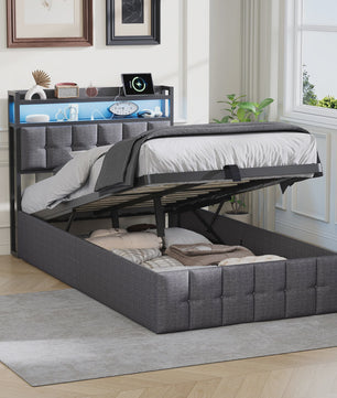 Stijlvol 1-Persoons Bed 90x200cm met LED, USB & Opbergruimte - Velvet/Linnen