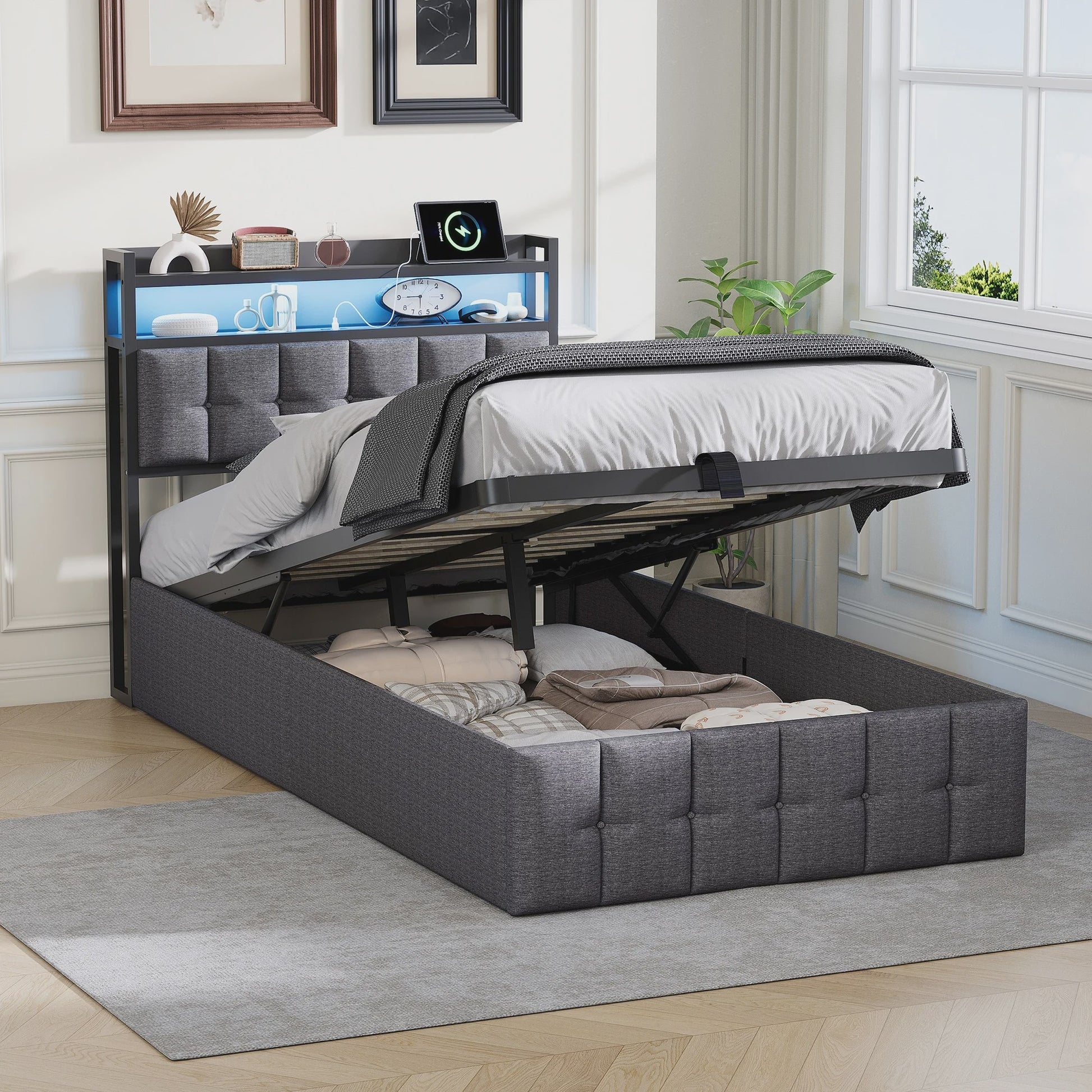 Stijlvol 1-Persoons Bed 90x200cm met LED, USB & Opbergruimte - Velvet/Linnen