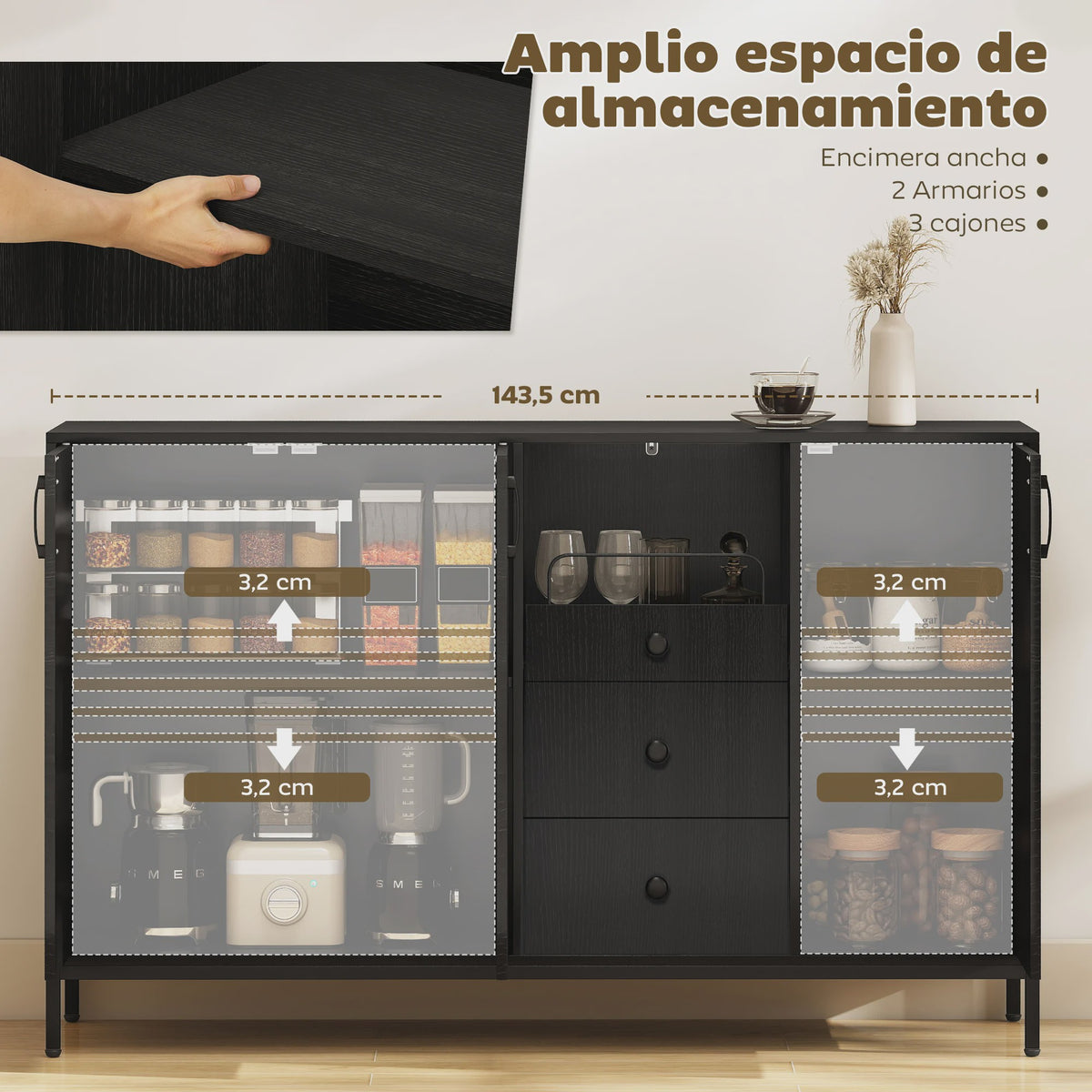Homcom Sideboard Woonkamer met Deuren, Lade en Open Vakken - Stijlvolle Opbergkast