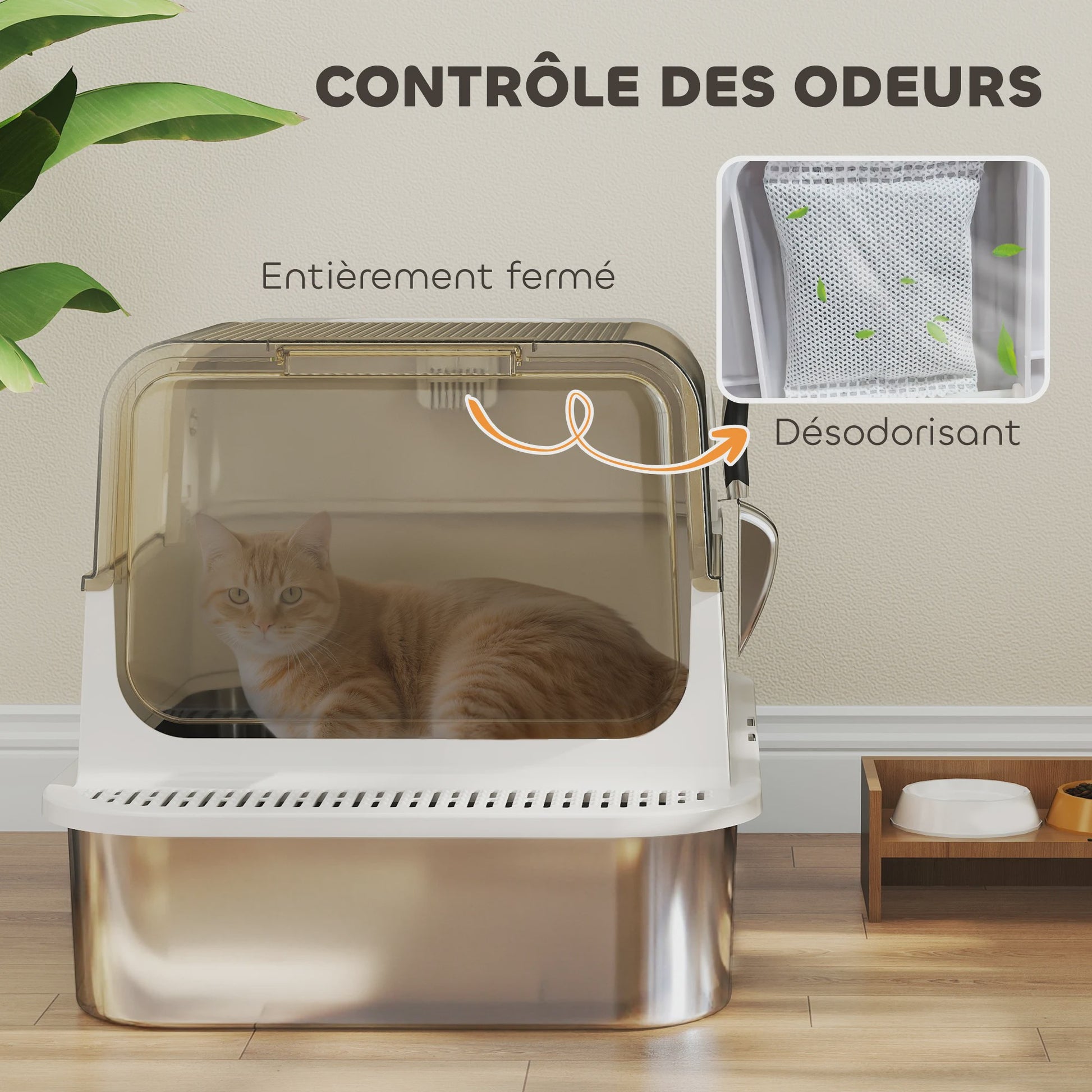 Gesloten Kattenbak met RVS Bodem - Ruim & Geurarm - Wit - 70x50 cm