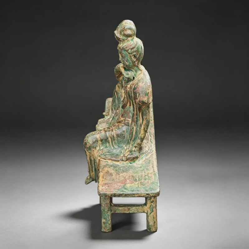 Antieke Guanyin Buddha Zittend op Bankje - Tibetaans Boeddhisme Beeld