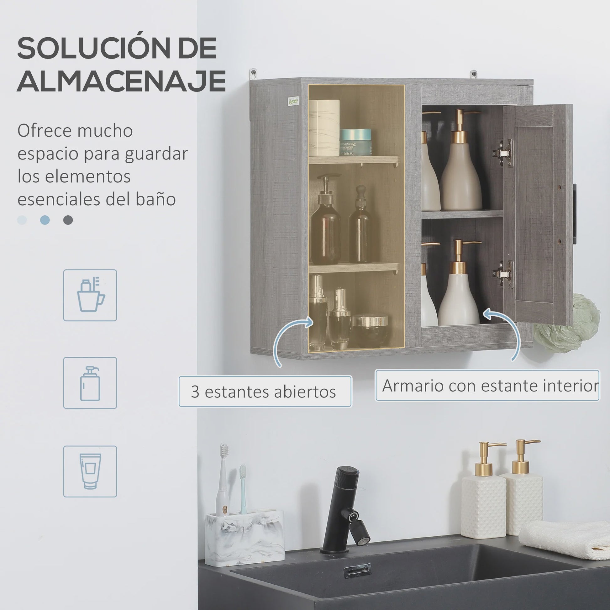 Kleankin Wandkast Badkamer met 3 Open Planken en 1 Deur - 48x20x50 cm