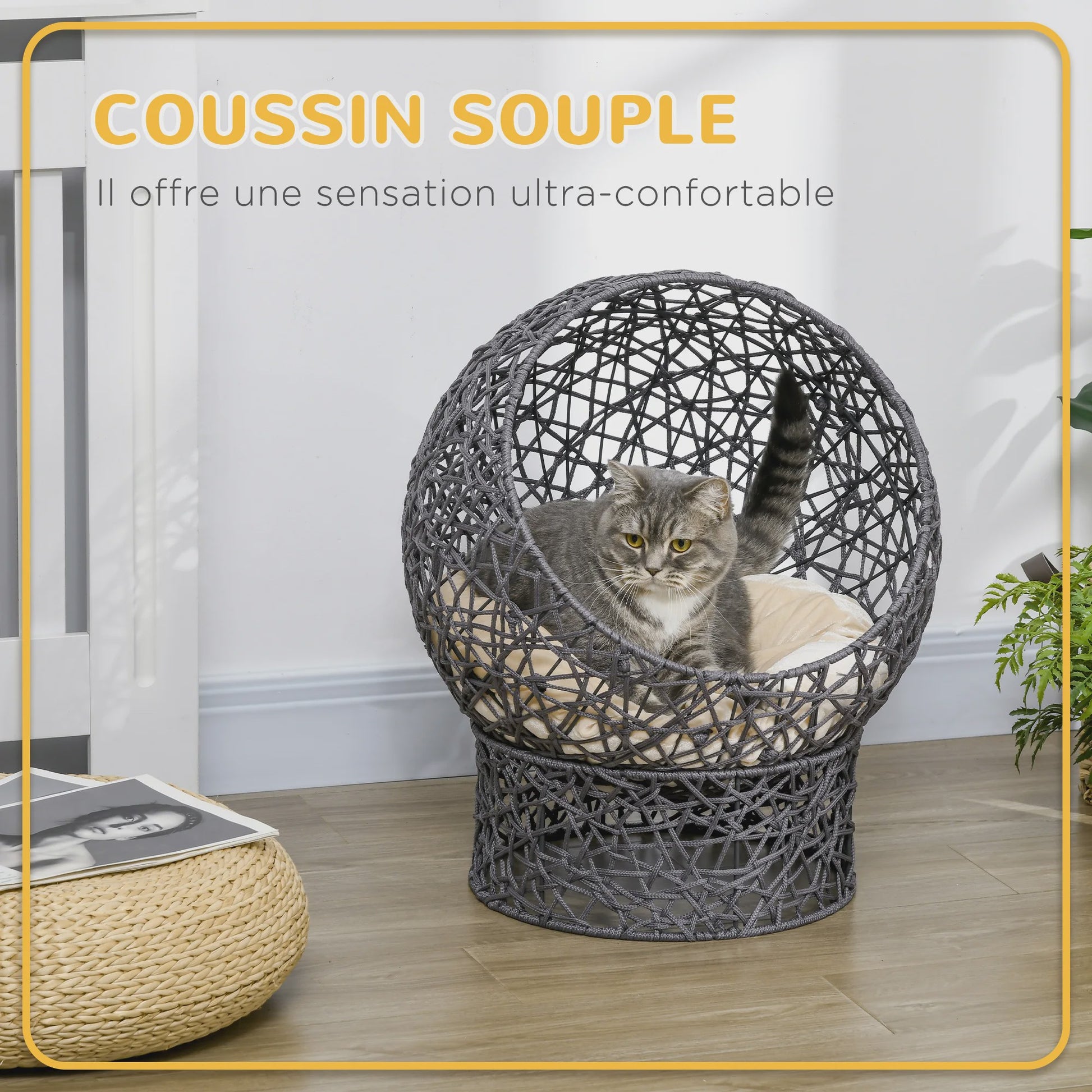 Luxe Kattenmand Mand met Kussen - Zacht Cream, Paars Polyester Touw - 50x50x60 cm