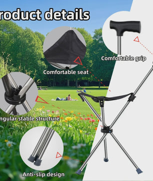 Opvouwbare Wandelstok met Stoel - 2-in-1 Reisstok voor Wandelen, Kamperen en Buitenactiviteiten