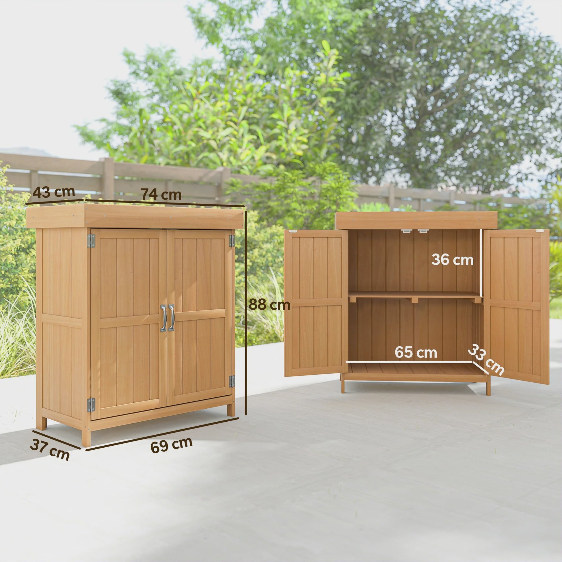 Outsunny Houten Tuinkast op Poten met Dubbele Deuren en Schuin Dak - 74x43x88 cm
