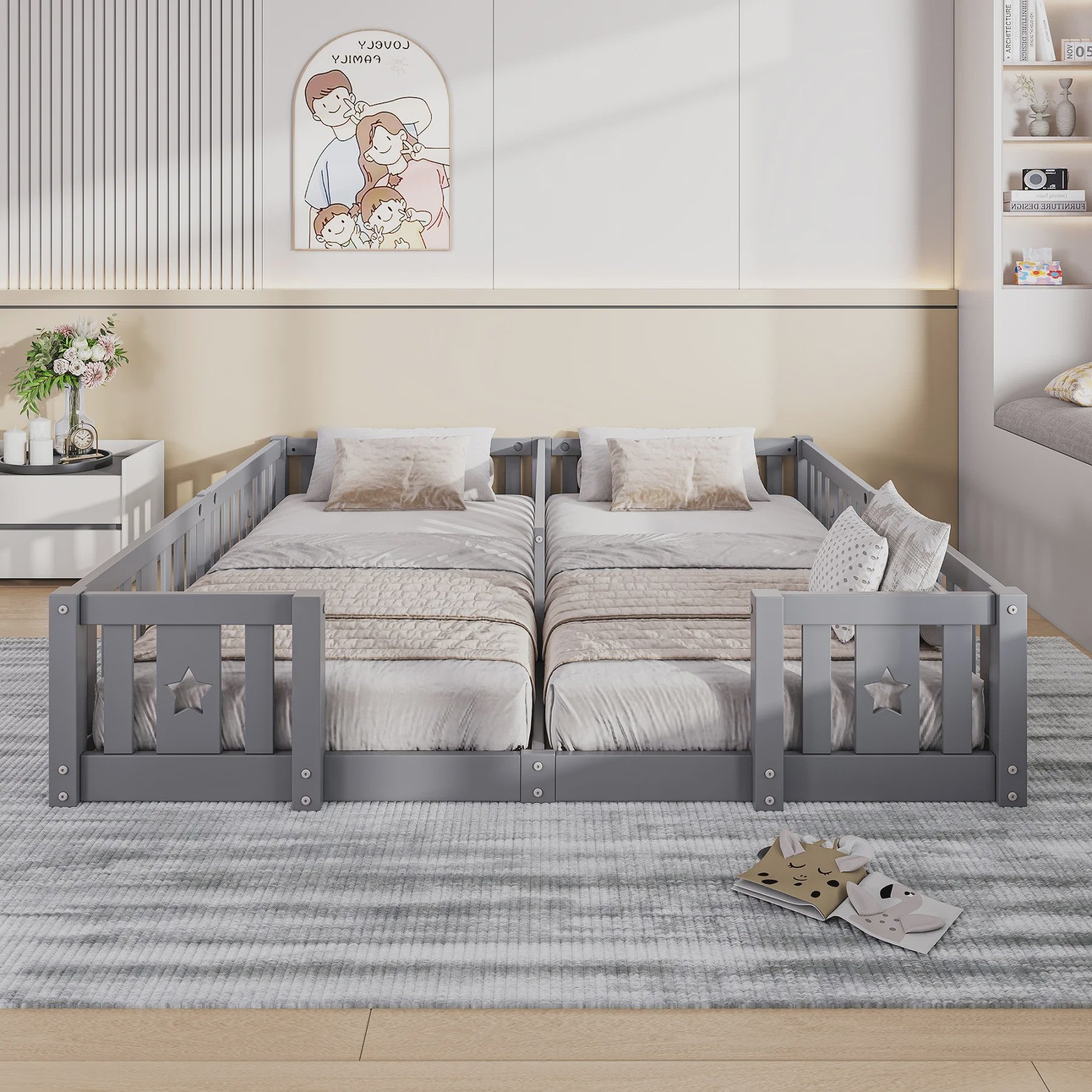 Houten Kinder Vloerbed 90x200cm met Zijhek - Veilig en Sfeervol Slapen voor 2 Kinderen