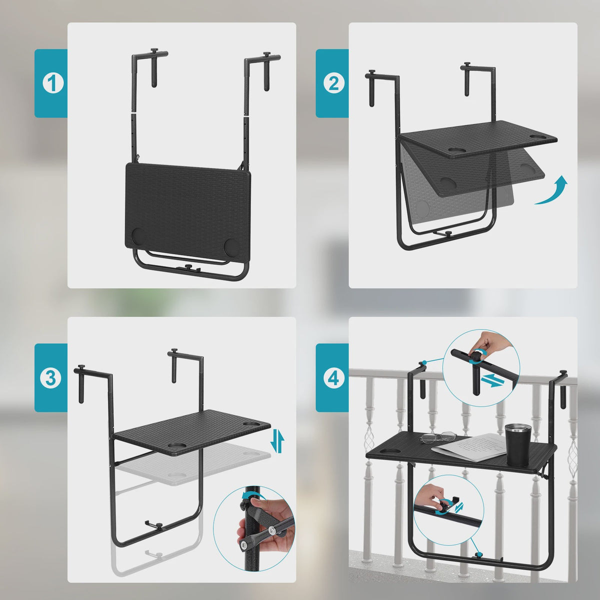 Opklapbare Balkontafel - Hangend, Verstelbaar in Hoogte, Rotan Look - Ideaal voor Buiten