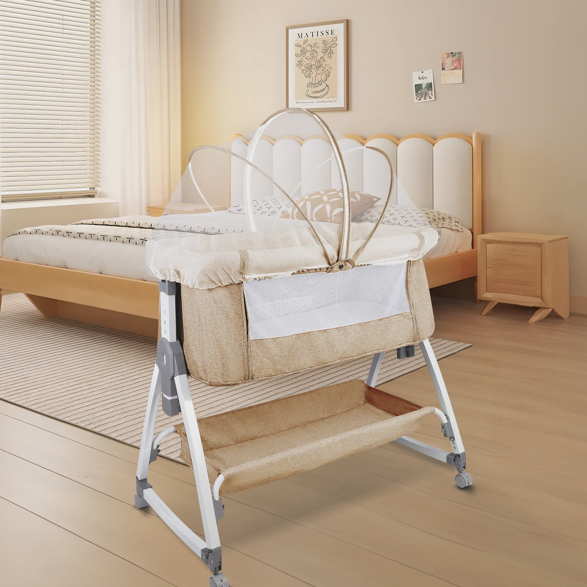 Baby Co-sleeper Wieg 2-in-1 met Wielen, 6 Hoogte-instellingen en Klamboe