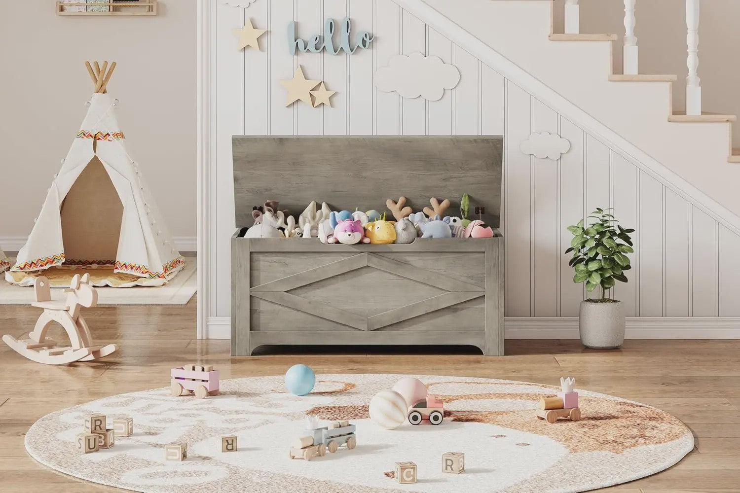 Rustieke Houten Opbergbank met Klepdeksel - Farmhouse Stijl
