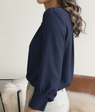 Dames Blouse met Ronde Hals en Plooien - Elegante Lange Mouwen Top voor Casual en Kantoor