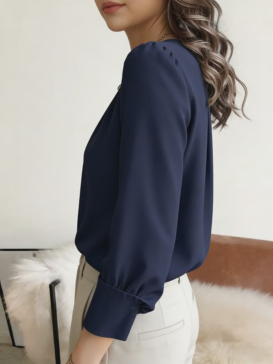 Dames Blouse met Ronde Hals en Plooien - Elegante Lange Mouwen Top voor Casual en Kantoor