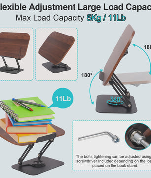 Verstelbare Boekenstandaard met 360° Draaibare Voet & Page Clips - Ideaal voor Lezen, Koken, Laptop & Tablet