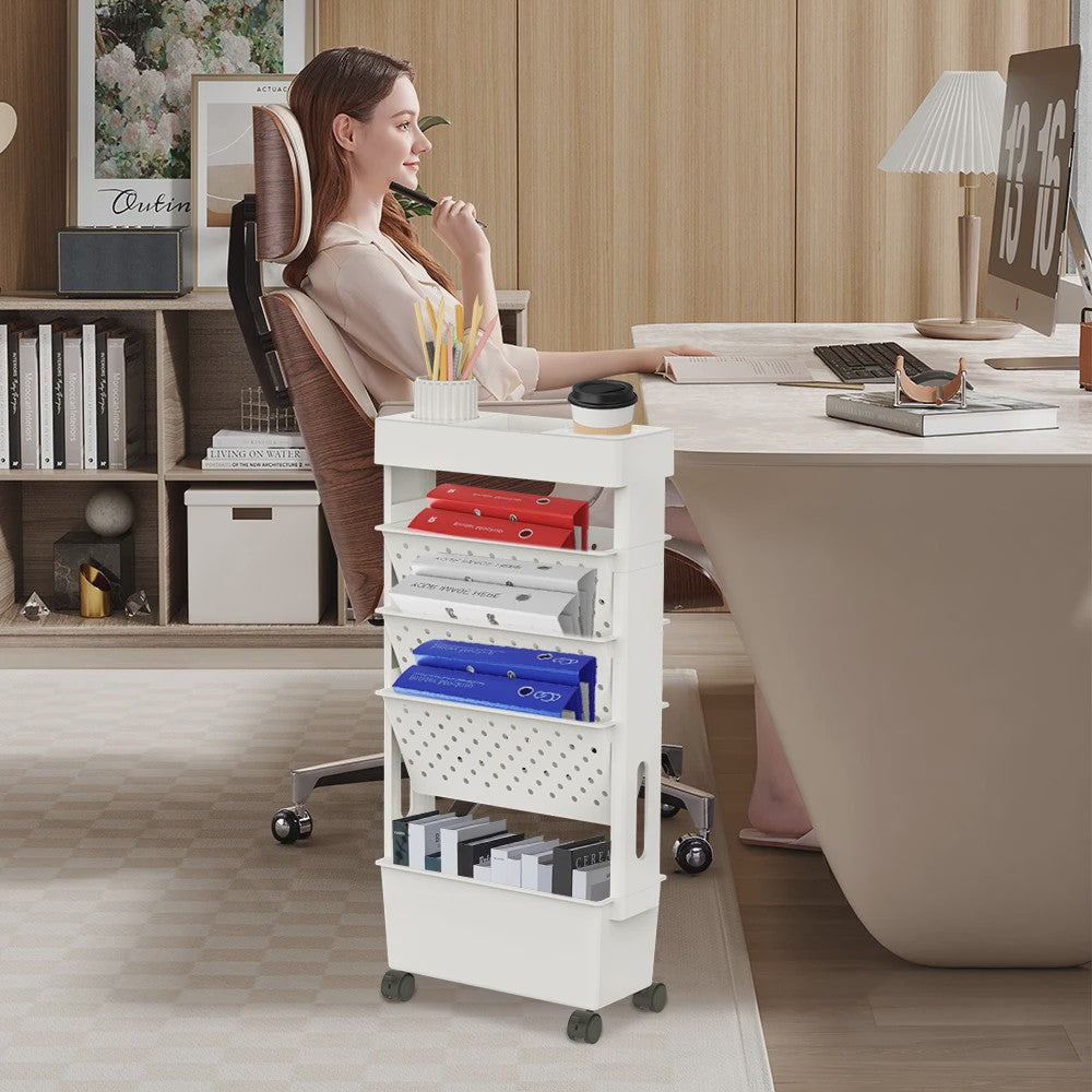 5-Laags Verrijdbare Opbergrek met Wielen - Grote Capaciteit Organizer voor Boeken & Documenten