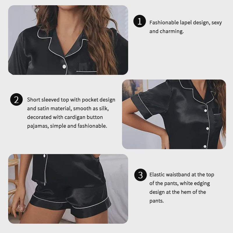 Dames Satijnen Pyjama Set - Korte Mouw & Shorts met Knopen
