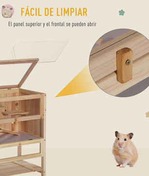 Pawhut Wooden Hamster Cage with Ramp, Folding Roof, Plexiglass Window and Lower Shelf 60X40X80 cm Natural