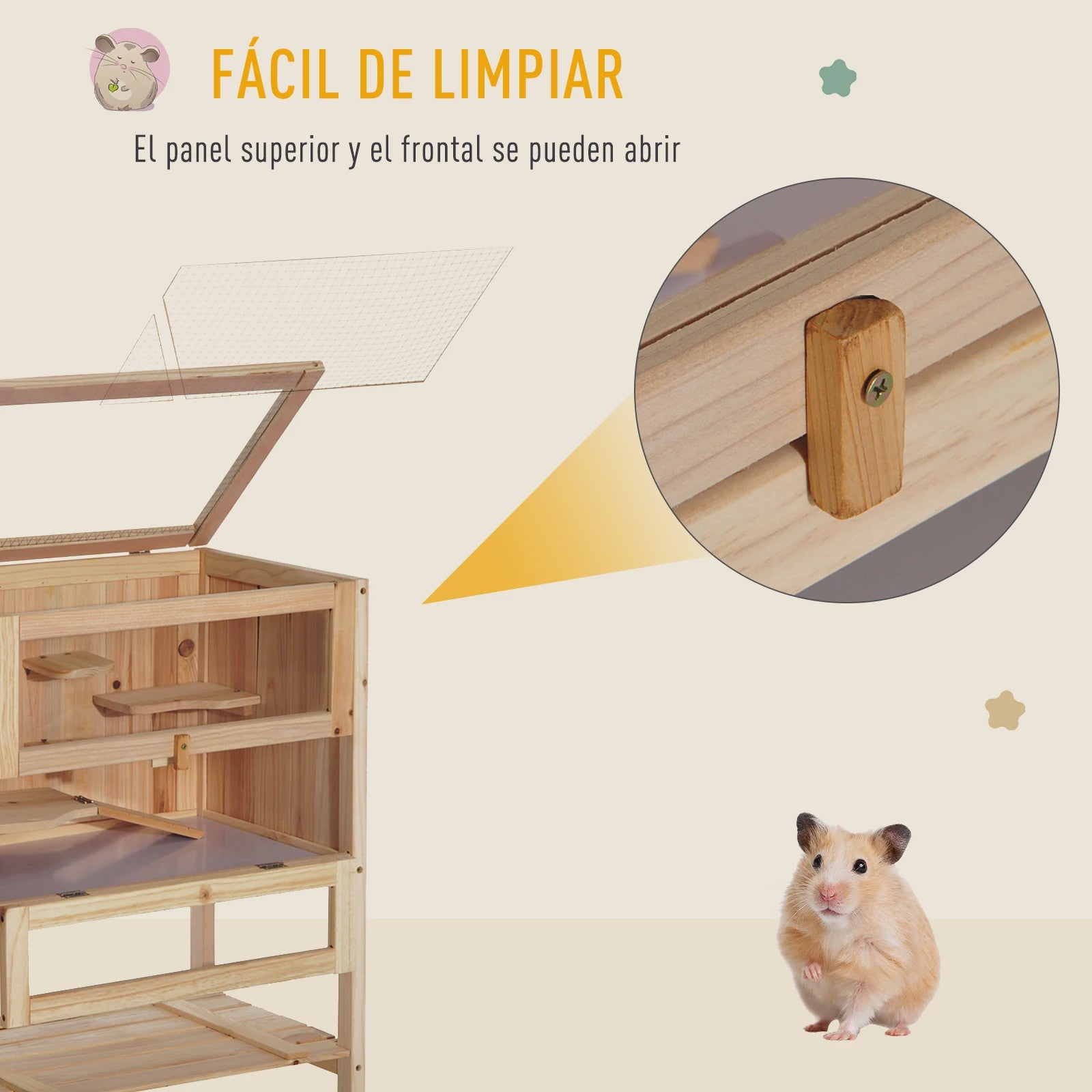 Pawhut Wooden Hamster Cage with Ramp, Folding Roof, Plexiglass Window and Lower Shelf 60X40X80 cm Natural