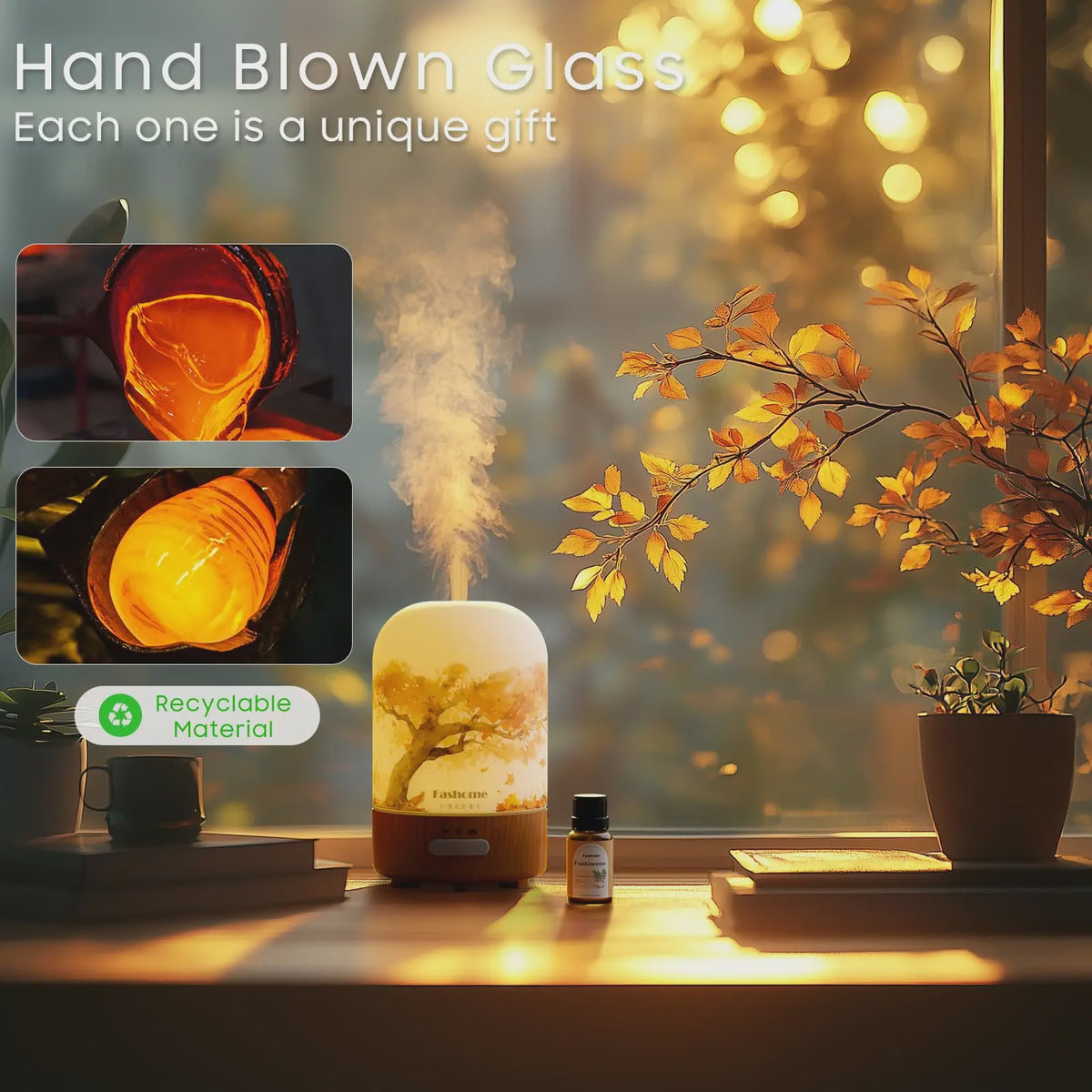 Luxe Glazen Aroma Diffuser met Nachtlampje - 100ml Ultrasone Luchtbevochtiger