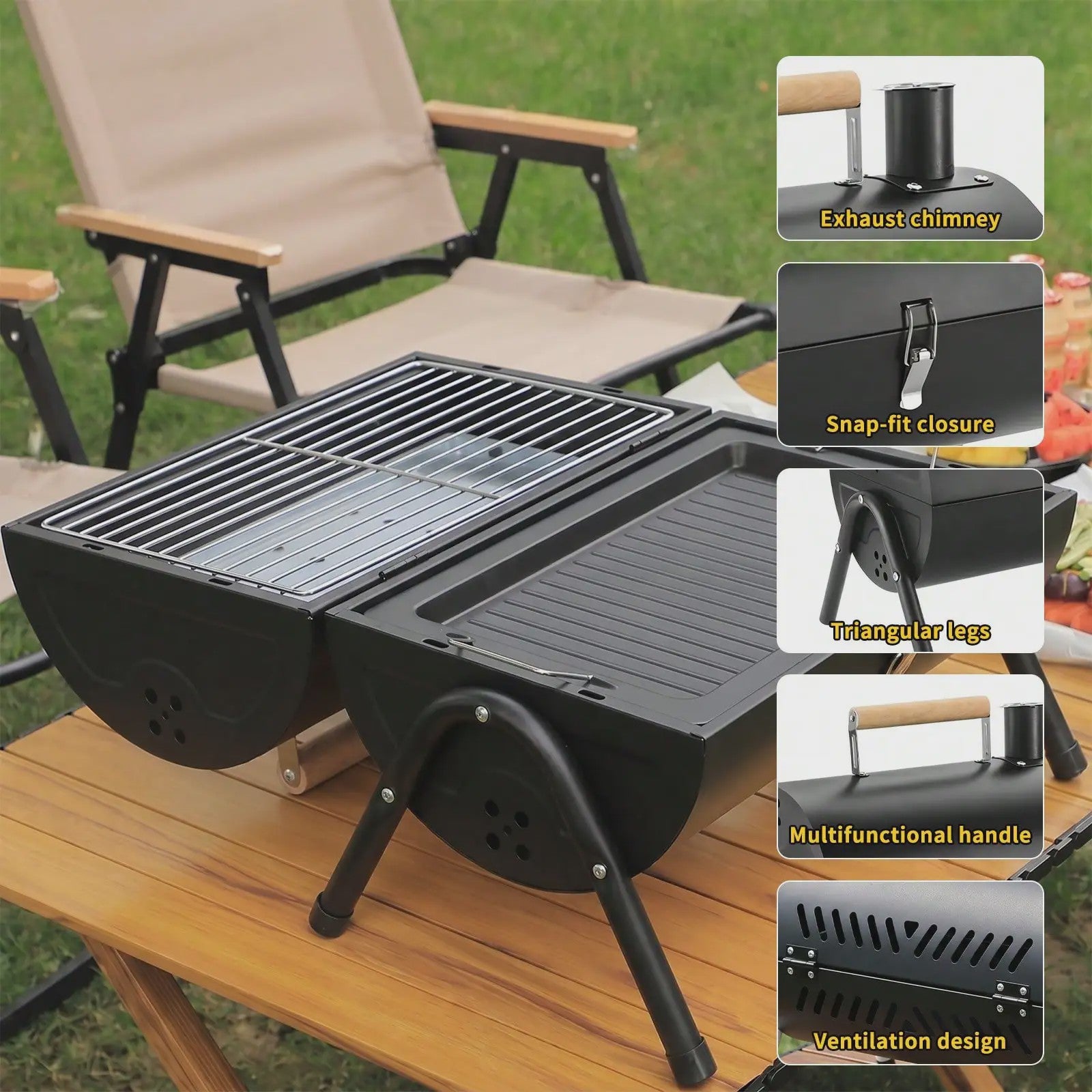 Compacte Dubbele Houtskoolgrill - Draagbaar voor Camping, Tuin & Picknicks