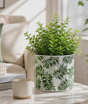 Decoratieve Keramische Bloempot met Groene Bladeren Print - 13x12cm Cilindrisch - Modern & Veelzijdig