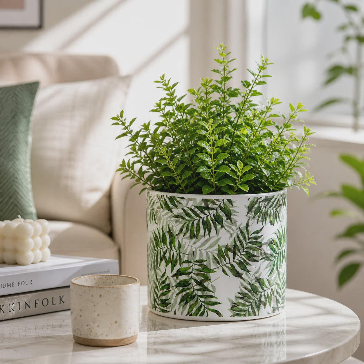 Decoratieve Keramische Bloempot met Groene Bladeren Print - 13x12cm Cilindrisch - Modern & Veelzijdig