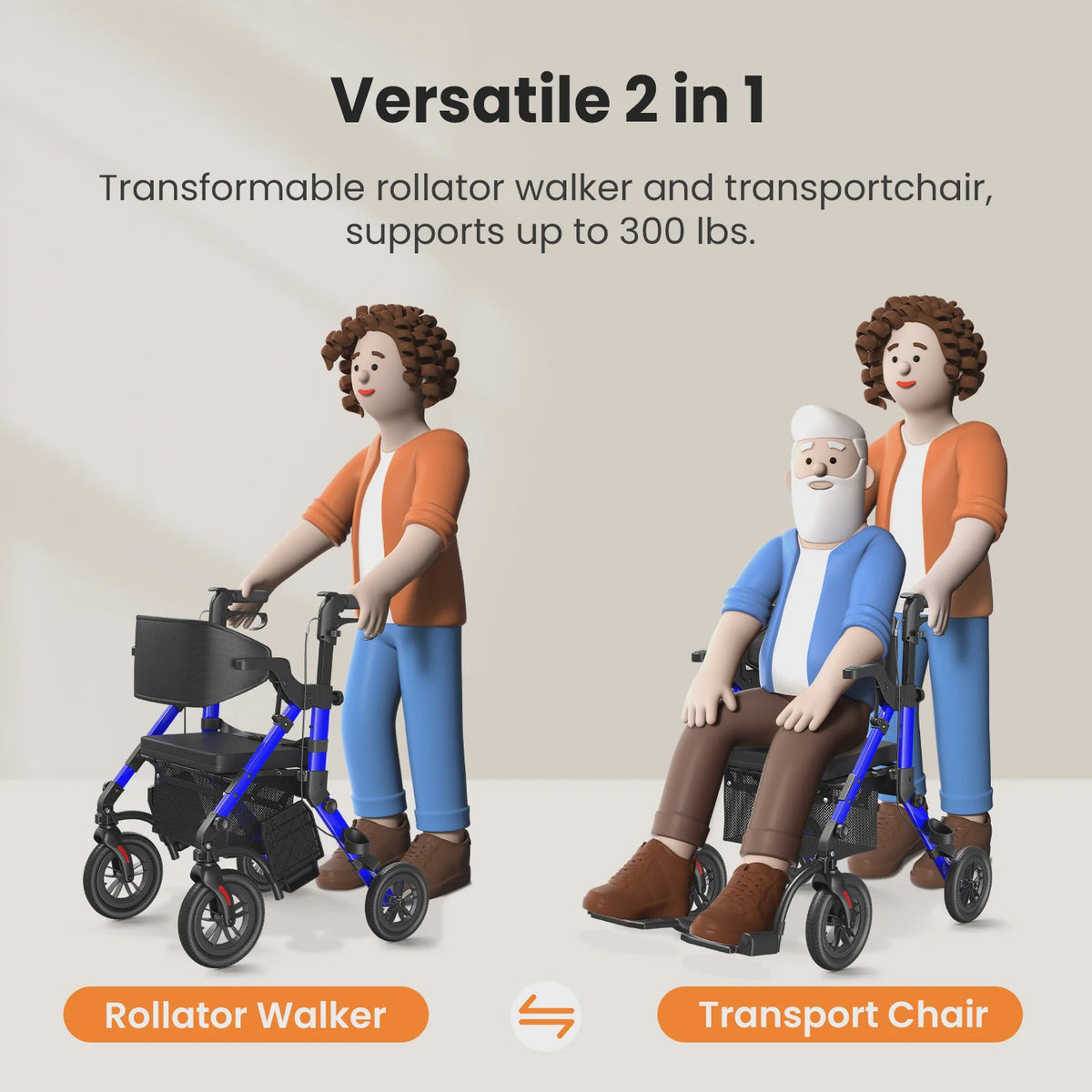 Lichtgewicht Opvouwbare Rollator Walker met Zitje & Transportrolstoelfunctie