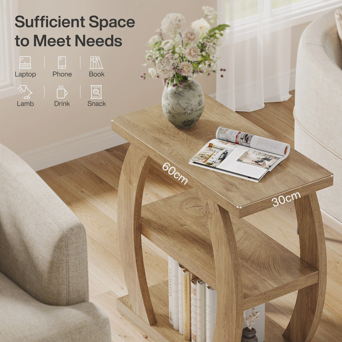 Houten Bijzettafel met 3 Niveaus en Geometrisch Frame - Natuurlijk Eiken