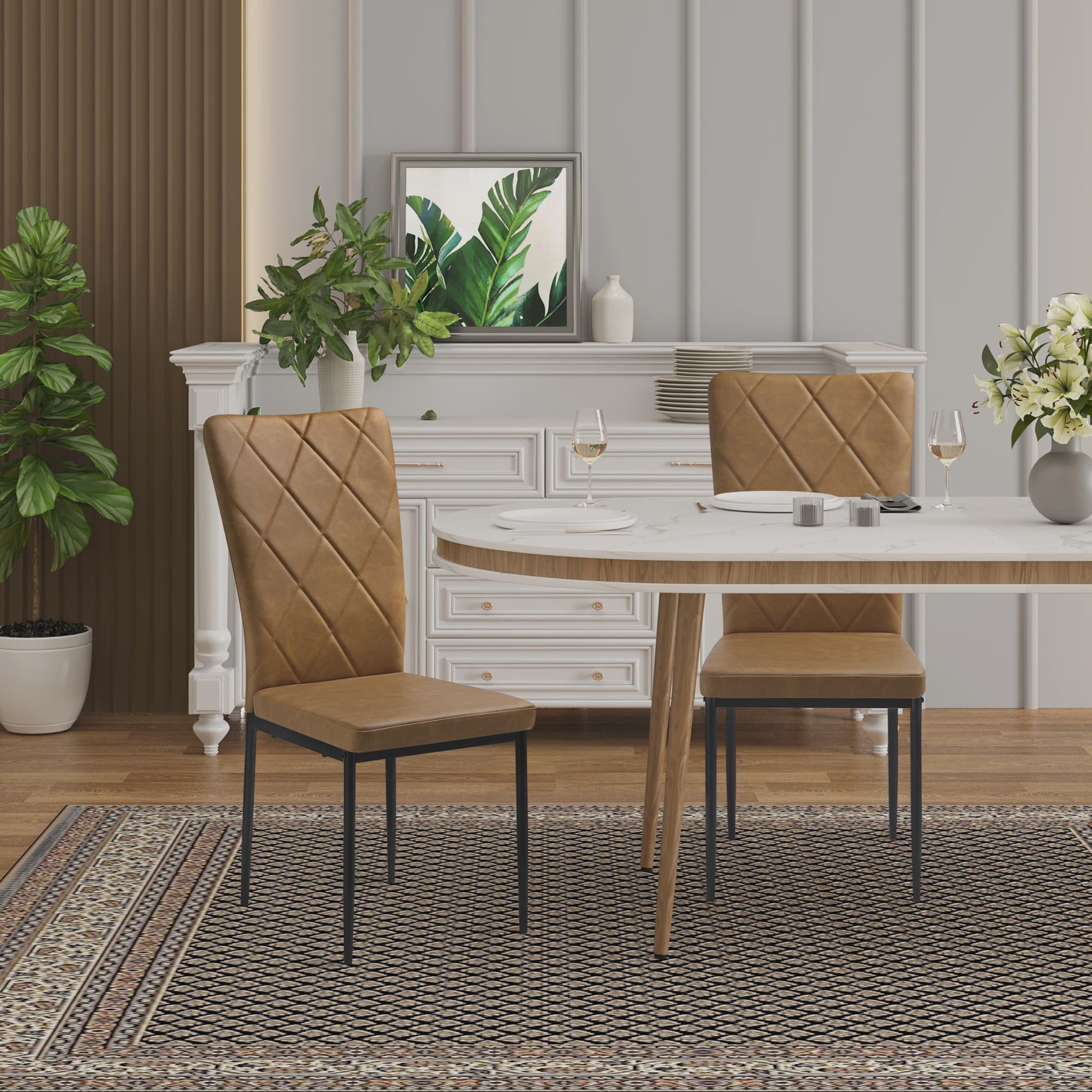 Set van 4 Luxe Eetkamerstoelen met Hoge Rugleuning - Gestoffeerd Velours & Stalen Poten
