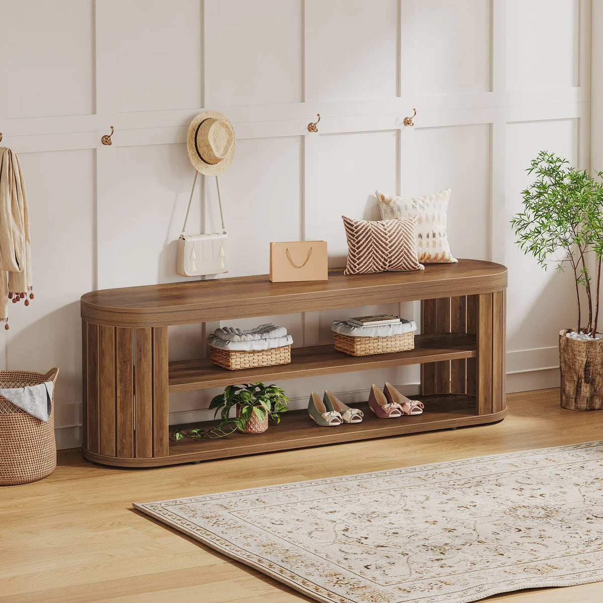 Houten Entree Bank met Schoenopslag - 47.2" - Farmhouse Stijl - Verstelbare Voetjes