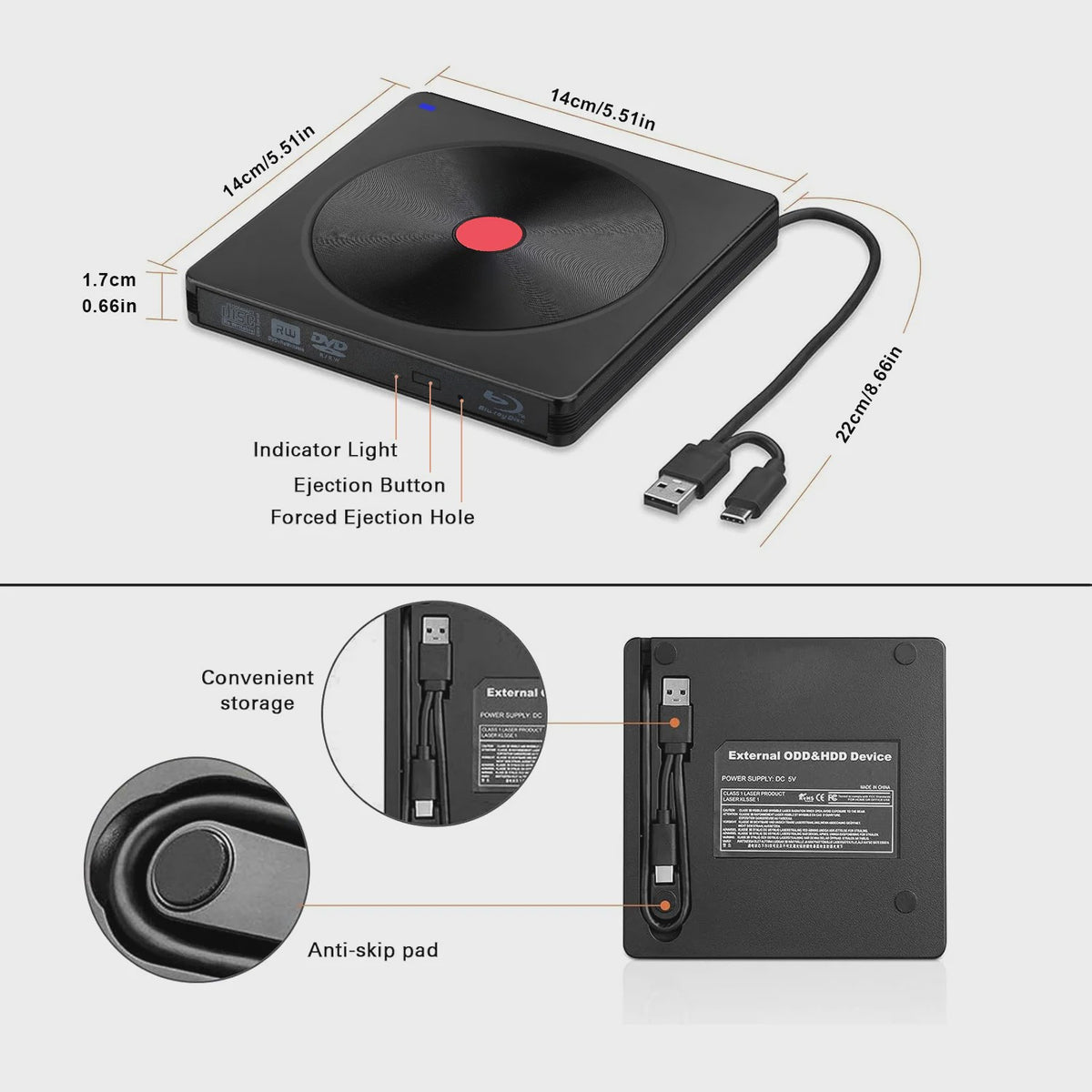 Externe Blu-ray Drive USB 3.0 & Type-C - Draagbare BD/DVD/CD Brander & Lezer voor Laptop & PC