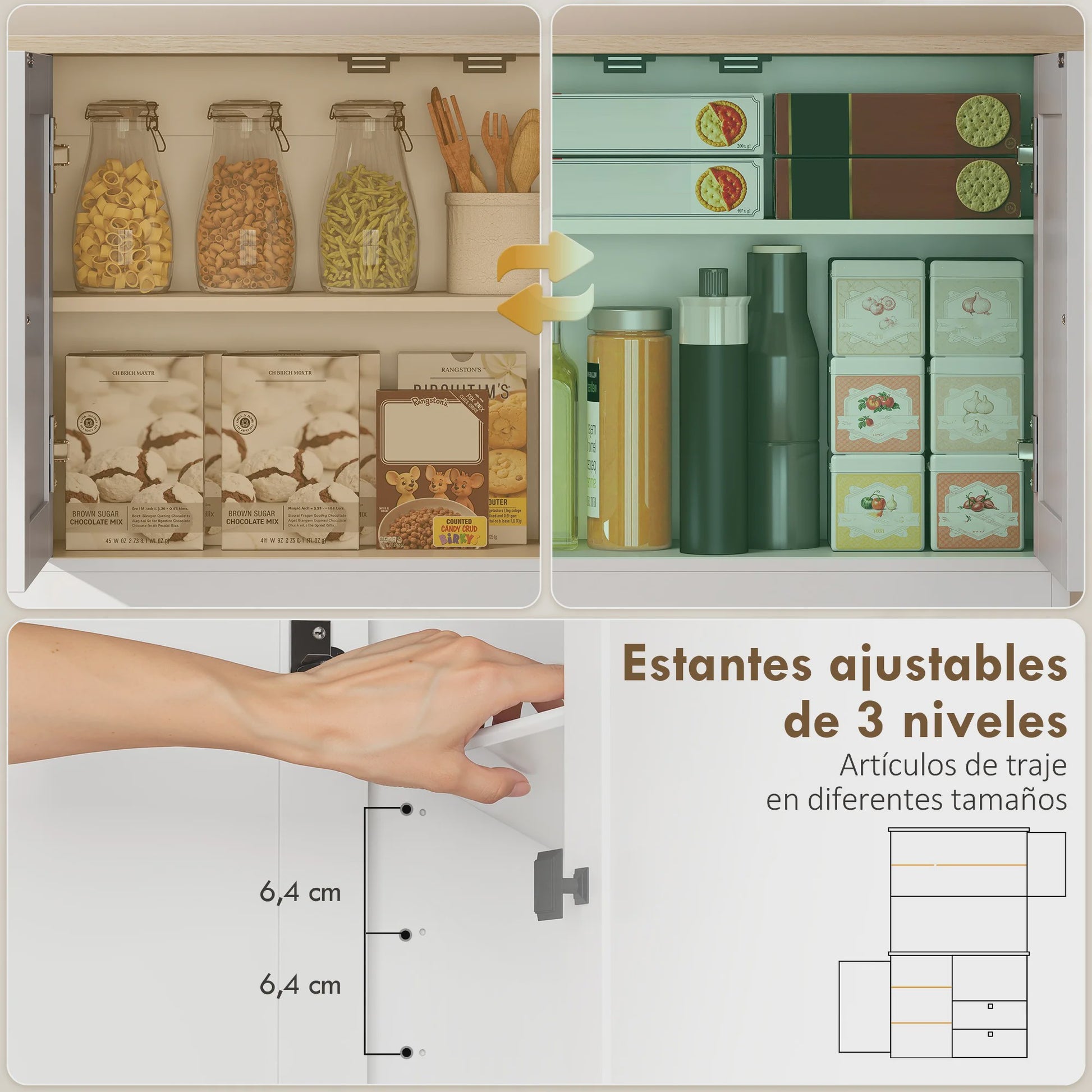 Homcom Keuken Serveertafel met 3 Deuren, 2 Lades en 8 Haken - Wit