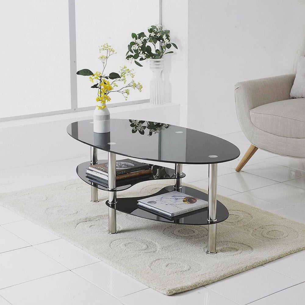 Ovale Glazen Koffietafel met 2 Niveaus - 90x50x45cm - Stijlvol en Modern