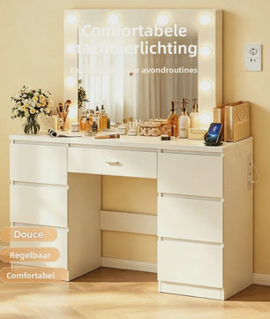 Kaptafel met Grote Spiegel, Verstelbare LED Verlichting en Ingebouwde USB/Stopcontacten - Veel Opbergruimte