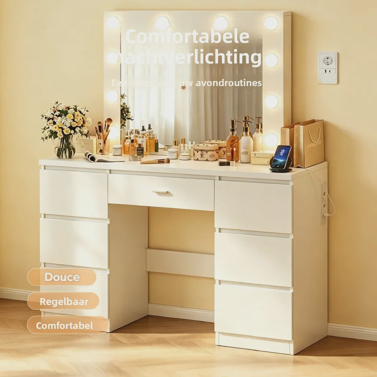 Kaptafel met Grote Spiegel, Verstelbare LED Verlichting en Ingebouwde USB/Stopcontacten - Veel Opbergruimte