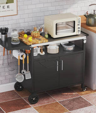 Outdoor Keuken Eiland Grill Cart met Opbergruimte en Inklapbaar RVS Werkblad - Zwart